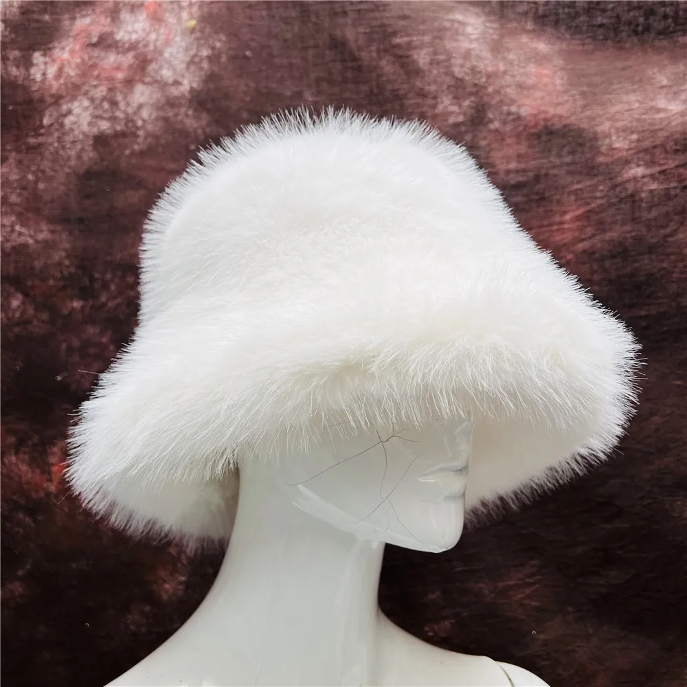 Big Faux Fur Hat Women Elegant Autumn Winter Fur Luxury Fashion Party Panama Fisherman Hat Warm Bucket Hat 2023