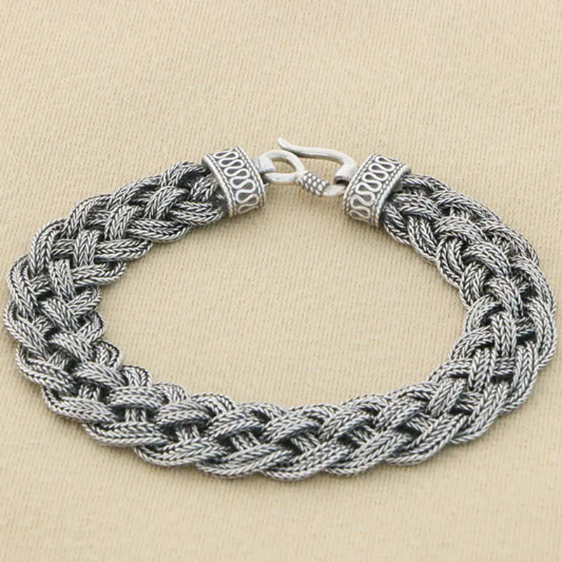 Wide face bracelet s925 silver tassel weave Fried Dough Twists niche fashion personality hip-hop men and women ethnic high-level