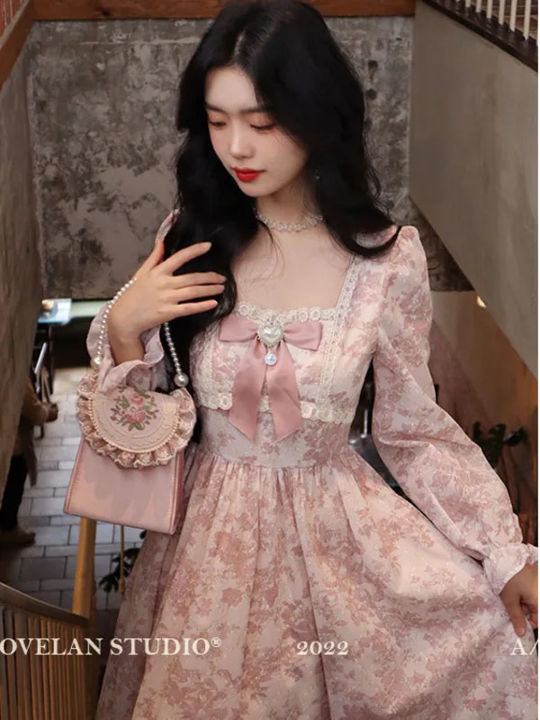 Gentle style long sleeved floral fashion dress women 2024 autumn/winter new mid length sweet high waisted slim fairy dress 4QJC