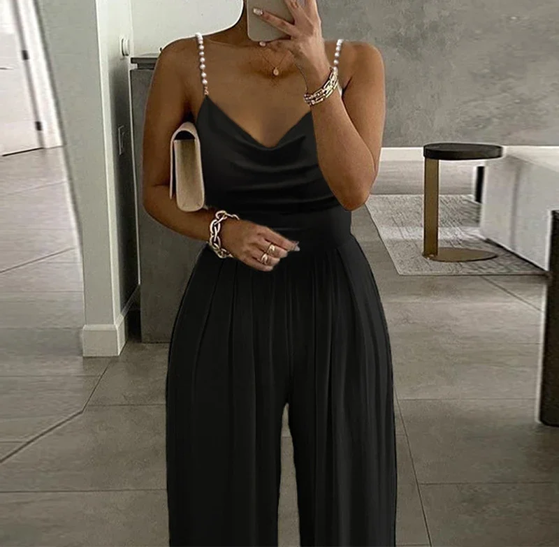 Jumpsuit Women 2023 Autumn Pearl Suspender Wide Leg Sleeveless V-neck Backless Female Long Pants Jumpsuits Streetwear