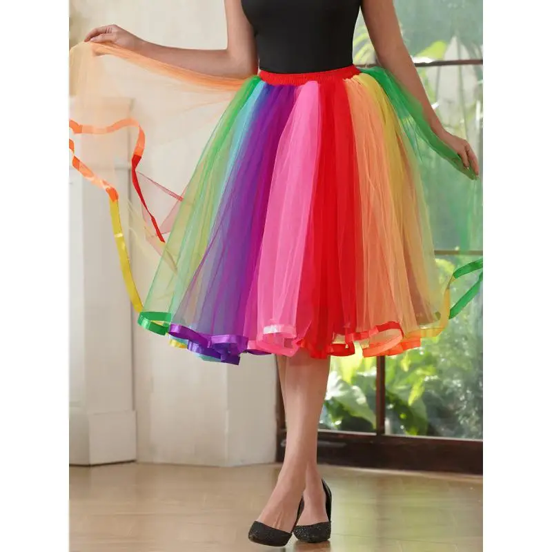 MisShow Colorful Rainbow Short Skirt Girls Boys High Elastic Band 5 Layers Soft Tulle Tutu Crinoline Underskirt Party Ball Gown