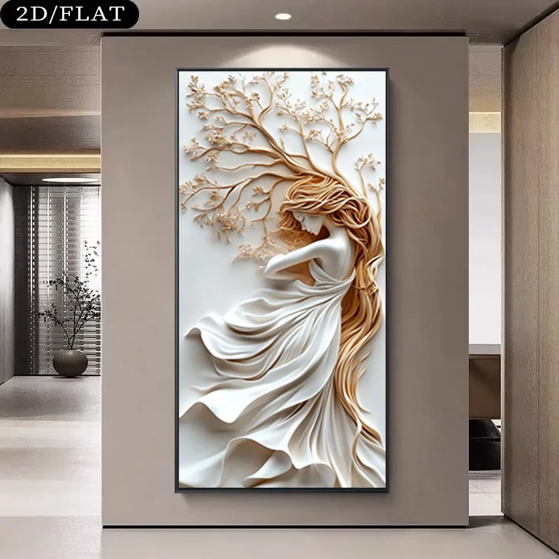 2D/Flat Large Abstract Whispering Tree Woman Canvas Printing, Frameless Modern White Canvas Wall Art for Living Room Decor Gifts