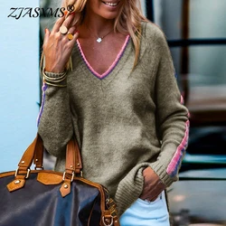 Autumn Fashion Striped Print Knitted Sweater Women Elegant V Neck Knitwear Top Pullover Winter Long Sleeve Loose Jumper Harajuku