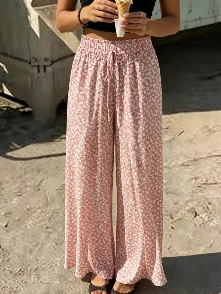 Women's Printed High-Waisted Pants, Loose Fit, Pink Small Flower Print, Elastic Drawstring, Baroque Style, Suitable for Island Vacation Daily Casual Spring/Summer Pants