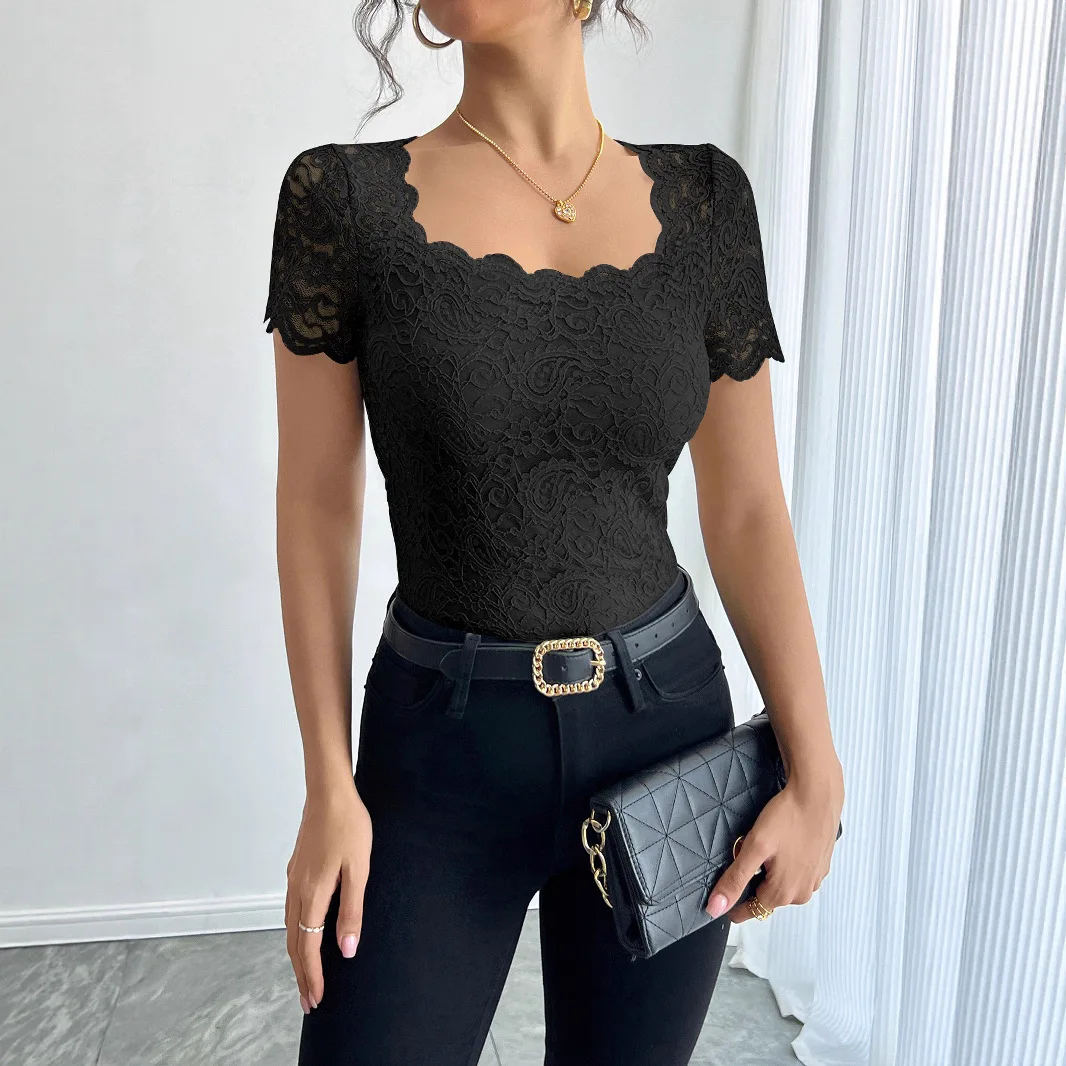 

2026 Spring New Style Women's Solid Color Lace Slim and Comfortable Square Short-sleeved T-shirt Tops for Women