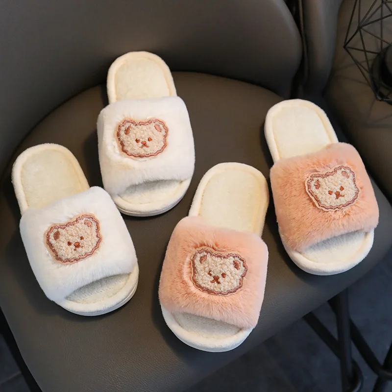Girl's Cartoon Slippers Furry Open Toe Solid Color Home Outdoor Children Sliders Winter Fashion Anti-slip All-match Kids Shoes