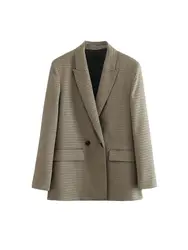 Women Fashion Double Breasted Plaid Blazer Coat Vintage Long Sleeve Flap Pockets Female Outerwear Chic Vestes Femme