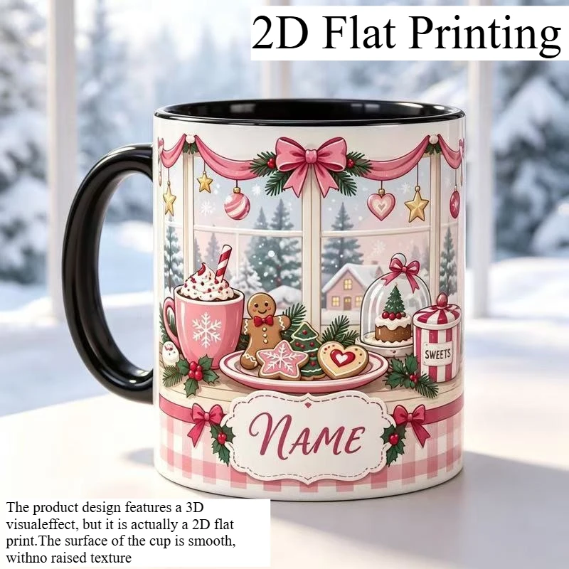 2D 1pc 11oz Custom Name Gingerbread Christmas Ceramic Mug, Holiday Gift for Friends, Tea Cup Hand Wash Only, Microwave Safe