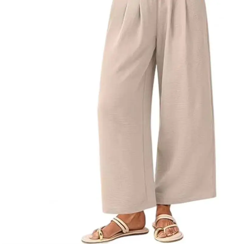 

Machine Washable Pants Women’s Wide Leg Pants Anti-wrinkle Elastic Waistband Trousers with Pockets Loose Fit Long Pants Solid