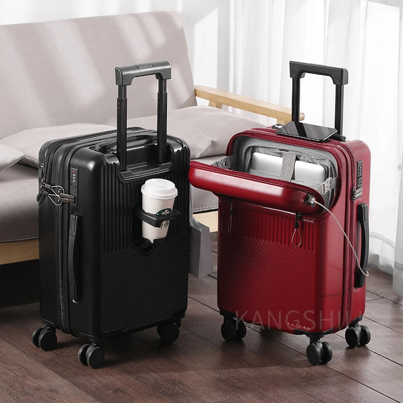 Travel Front Open Suitcase For Women And Man 20''22''24''26''-Inch Boarding Portable Trolley Case Cup Holder Smooth Mute Wheel