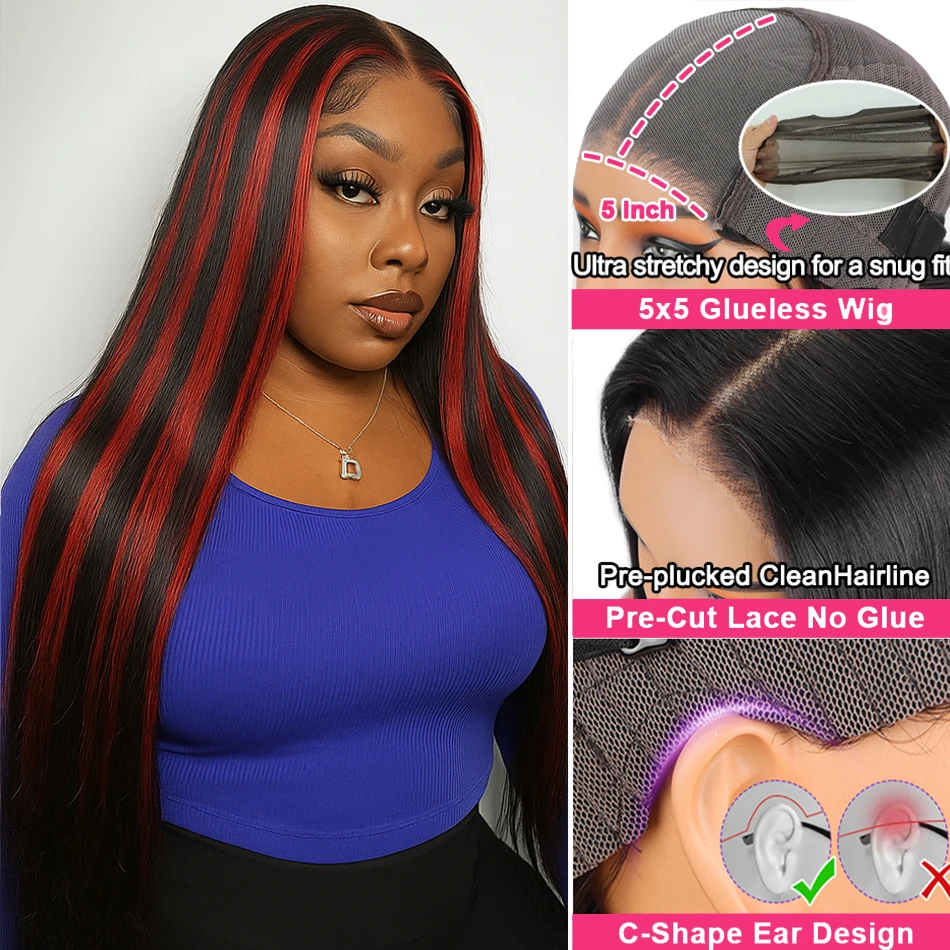 Ombre Highlight Черный Красный 5x5 Бесклеевой парик Человеческие волосы Прямые 1B/99J Цветная застежка 30-дюймовые бразильские готовые к ношению парики
