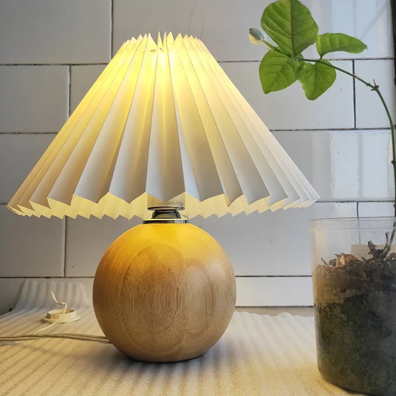 Korean Pleated Table Lamp Ins DIY Ceramic Table Lamps for Living Room Home Decor Cute Lamp With Tricolor led Bulb Beside Lamp