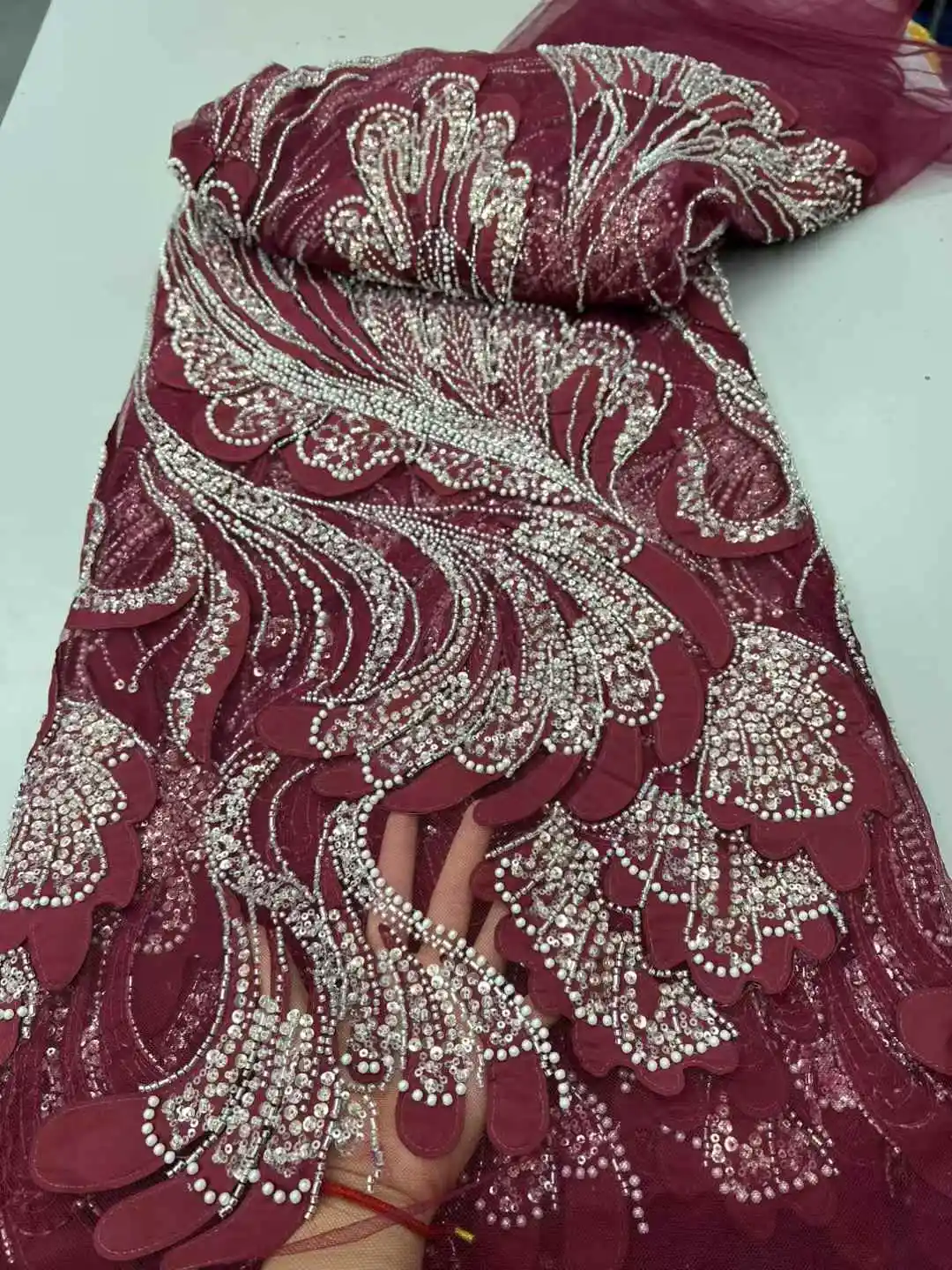 

Top Sale African Lace Fabric French Lace Fabric High Quality Nigerian Lace Fabrics With Bead Sequins For Sew, ZX