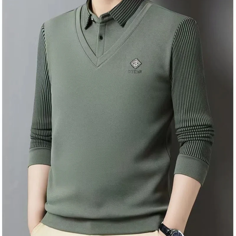 Business Casual Fake Two Pieces Polo Shirts Autumn Winner Men Lapel Striped Button Plus Velvet Flocking Fashion Loog Sleeve Tops