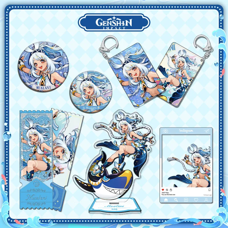 

Genshin Impact Mualani Self made acrylic card Double Flash Badge key chain Transparent card Six piece set