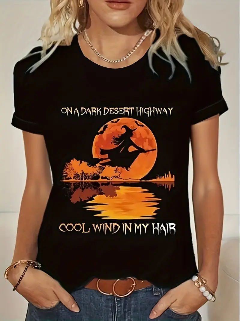 Women'S Halloween Graphic Tee, Relaxed Fit Short Sleeve Round Neck Shirt, Moderate Stretch Washable Fabric, Ideal for Everyday Use And Festive Events, Opaque Material, Playful Design