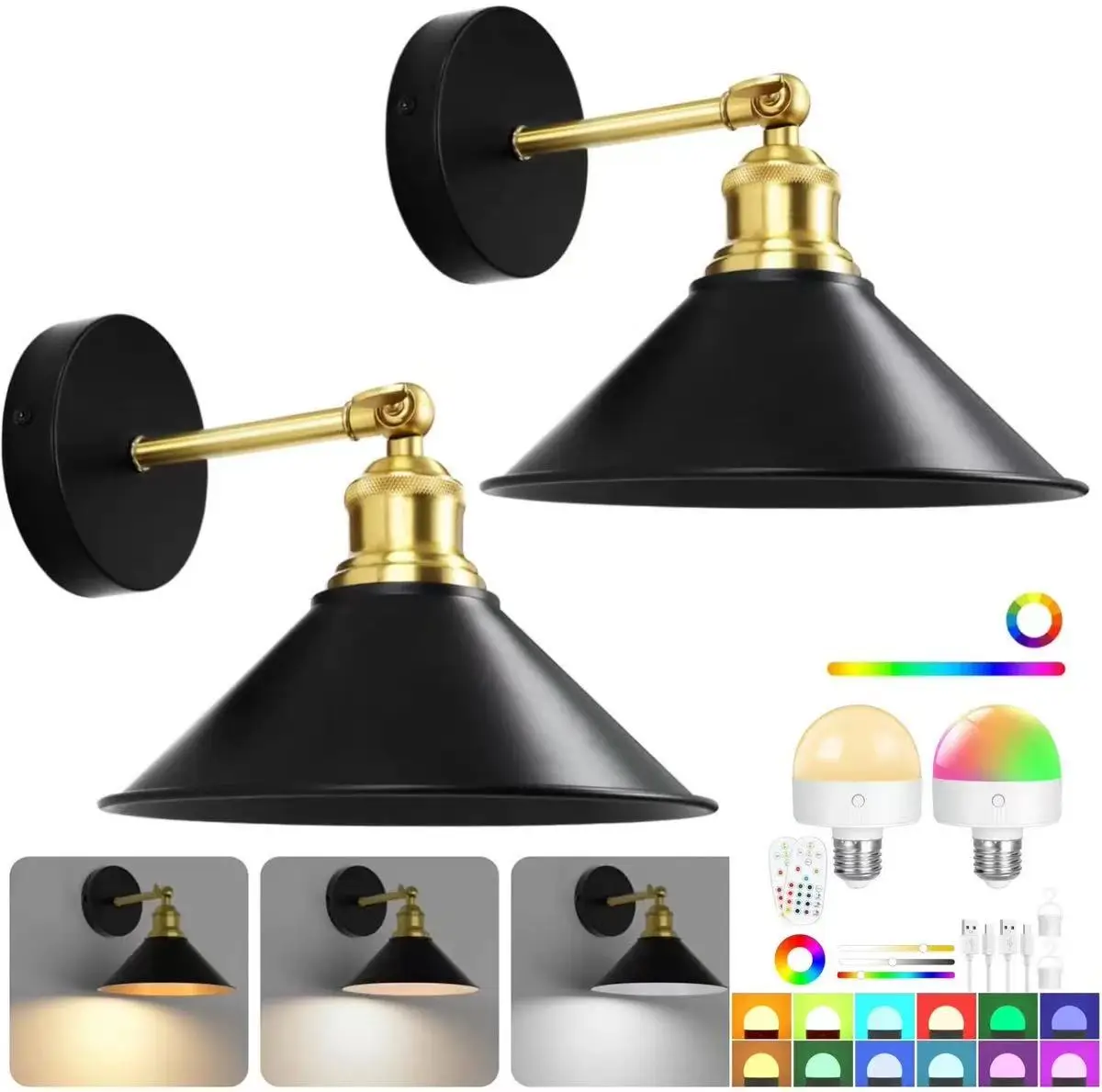 Wireless Rechargeable Battery-Powered Wall Light with Dimmable, Detachable Bulb and Remote Control, 15 Colors, Suitable for Bedr