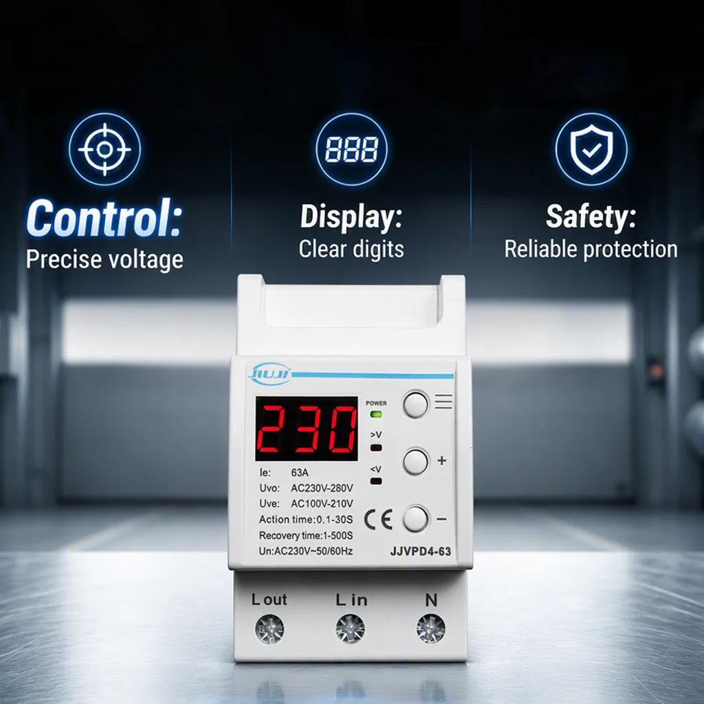 JIUJI JJVPD4‑63 63A Din Rail 90‑270V Adjustable Auto Reset Voltage Protector With Digital Voltage Display