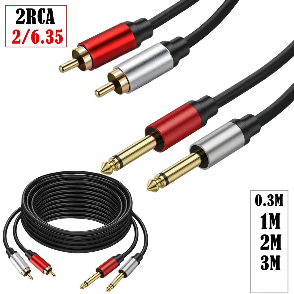 Kabel audio stereo z podwójnym 6.35mm 1/4 TS męskim złączem na podwójny RCA męski, pozłacana miedziana obudowa, do głośników, wzmacniaczy i mikserów. — zdjęcie produktu 3