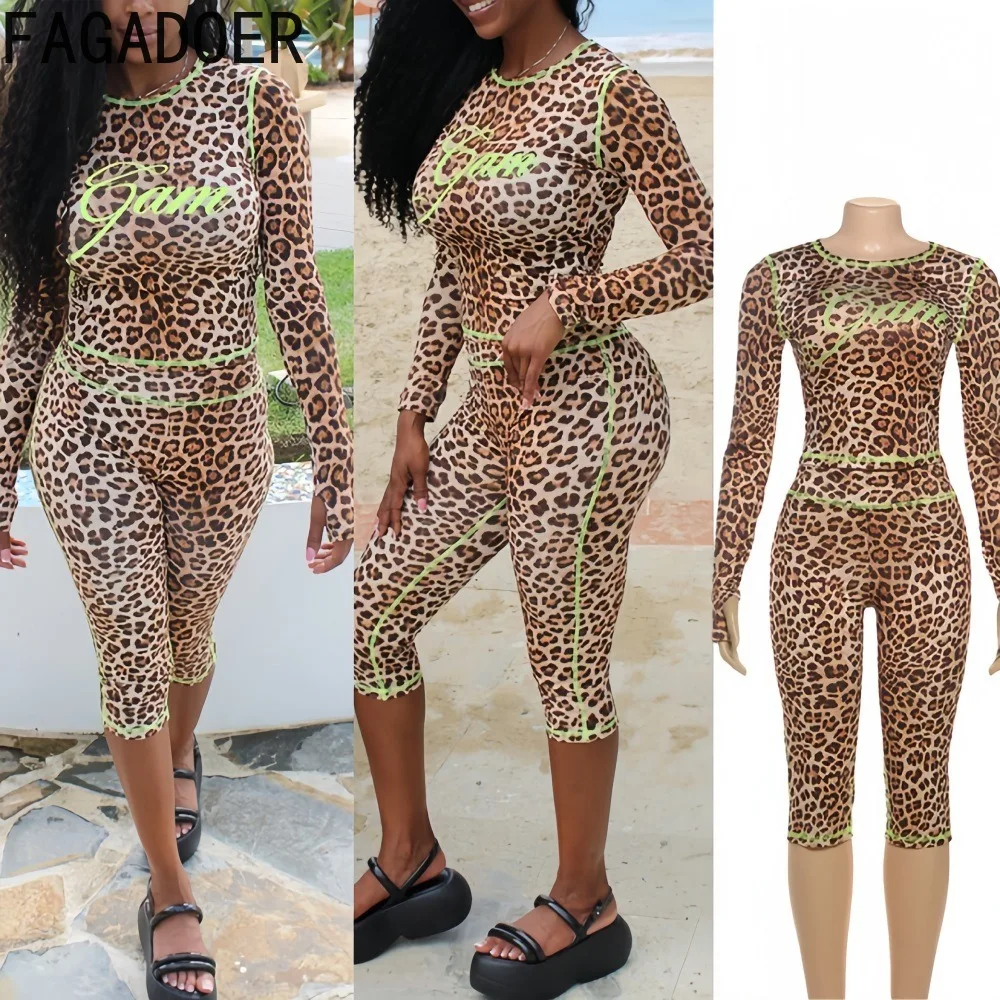 

FAGADOER Winter Fashion Letter Leopard Print 2 Pieces Set for Woman Outfit Long Sleeves Crop Top and Pants Female Streetwear
