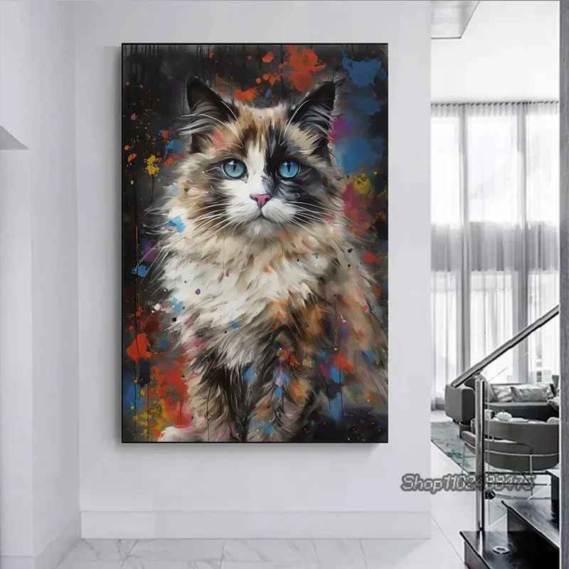 Watercolor Pets Cat Graffiti Art Canvas Painting Bengal Ragdoll Shorthair Siamese Cat Pop Art Poster Colorful Mural Home Decor