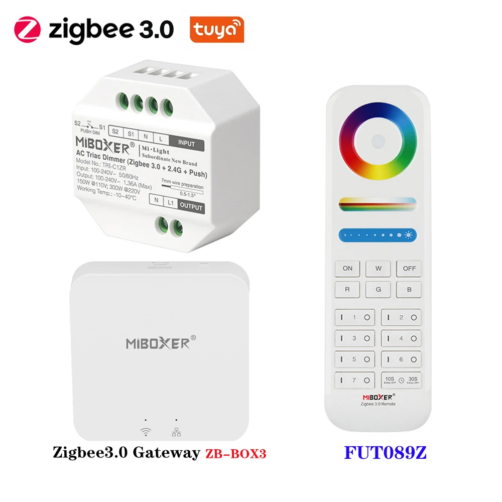 

MiBoxer ZigBee 3.0+2.4G AC Triac Dimmer Push Switch RF Push Dimmer TRI-C1ZR 110-240V App /Voice /Remote Control