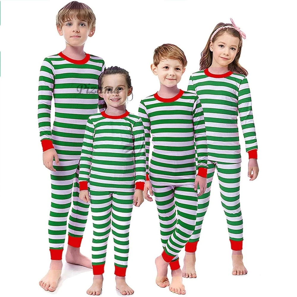 Family Matching Pajamas Sets New Year Couples Pyjamas Green/White Striped Christmas Pajamas Family Look Xmas Striped Homewear