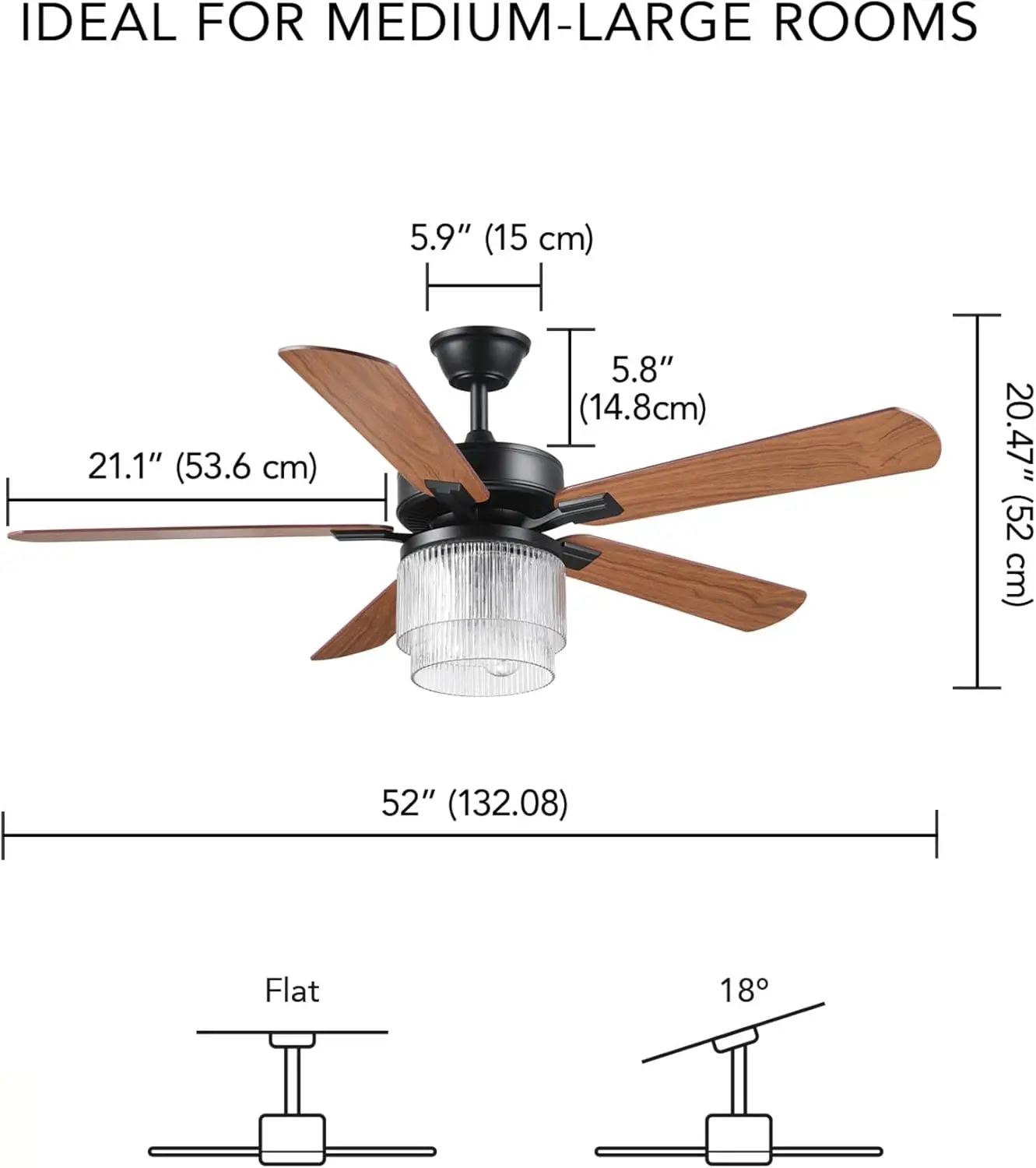 مروحة سقف كهربائية 37000023 مقاس 52 بوصة مع غطاء زجاجي، وجهاز تحكم عن بعد، ومحرك تيار مستمر، 6 سرعات، أسود غير لامع، للبيع #6