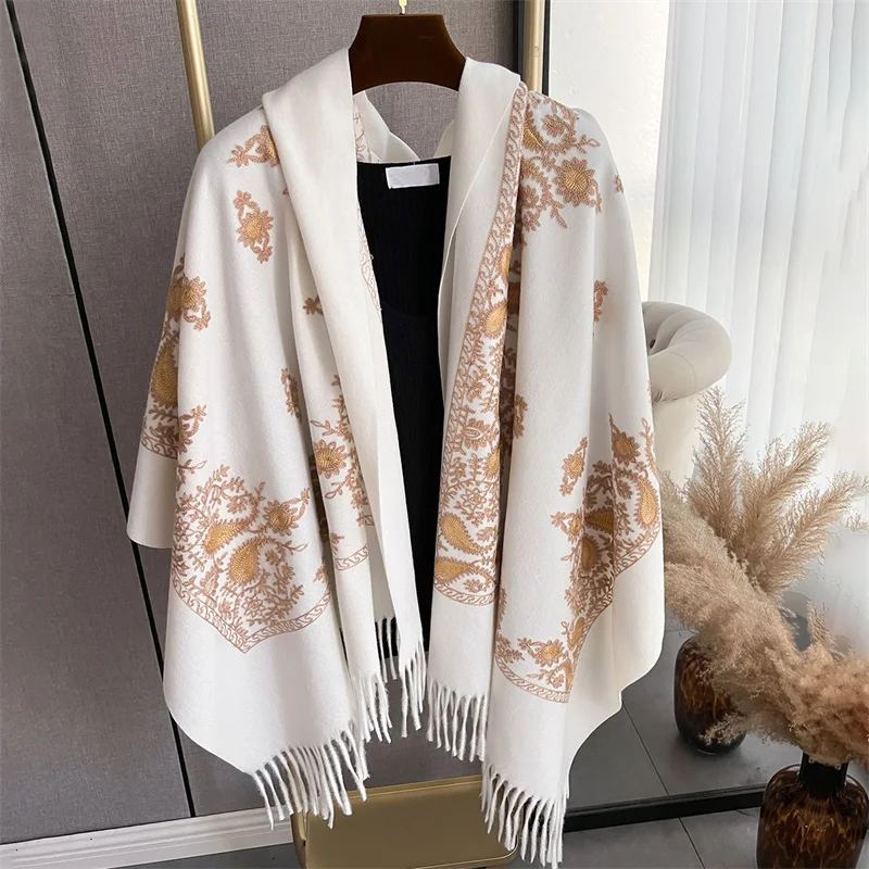 Winter Warm Cashmere Scarf for Women Embroidery Pashmina Blanket Thick Shawl Wrap Neckerchief Fashion Bufanda Echarpe Poncho