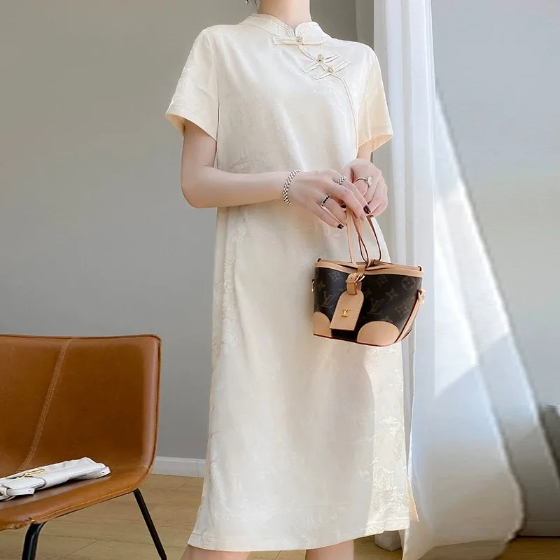 Damska satyna octanowa lub długa, luźna, wyszczuplająca sukienka w stylu koreańskim, z nadrukiem, idealna do pracy, letnia, modna, o kroju A-line.