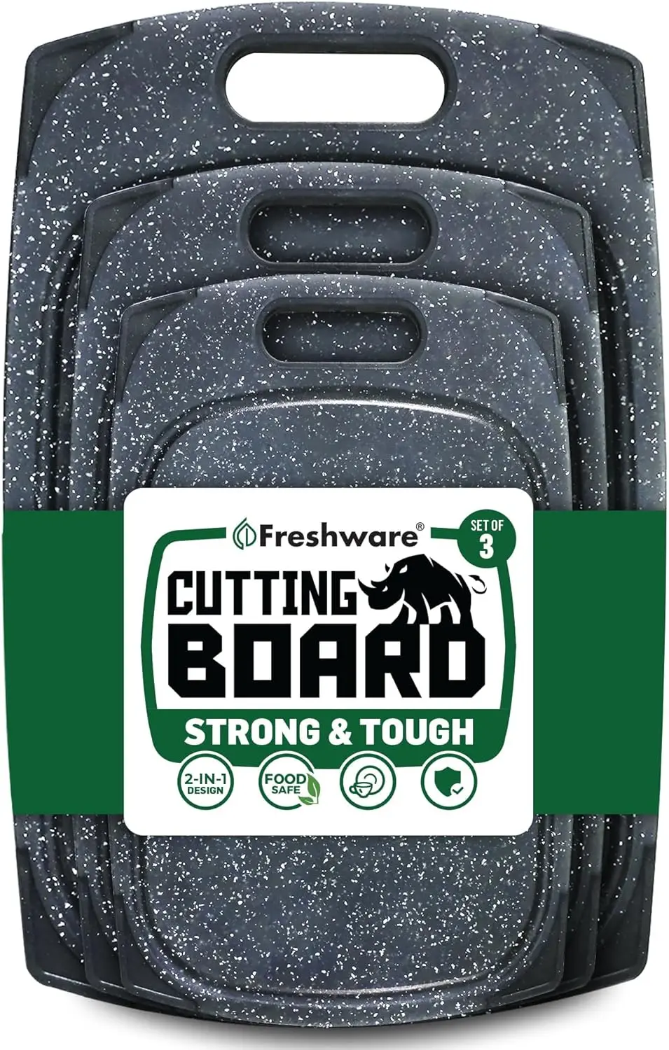 

3-Piece Plastic Cutting Board Set with Juice Grooves, Non-Slip Handle, BPA-Free, Dishwasher Safe in Black Marble