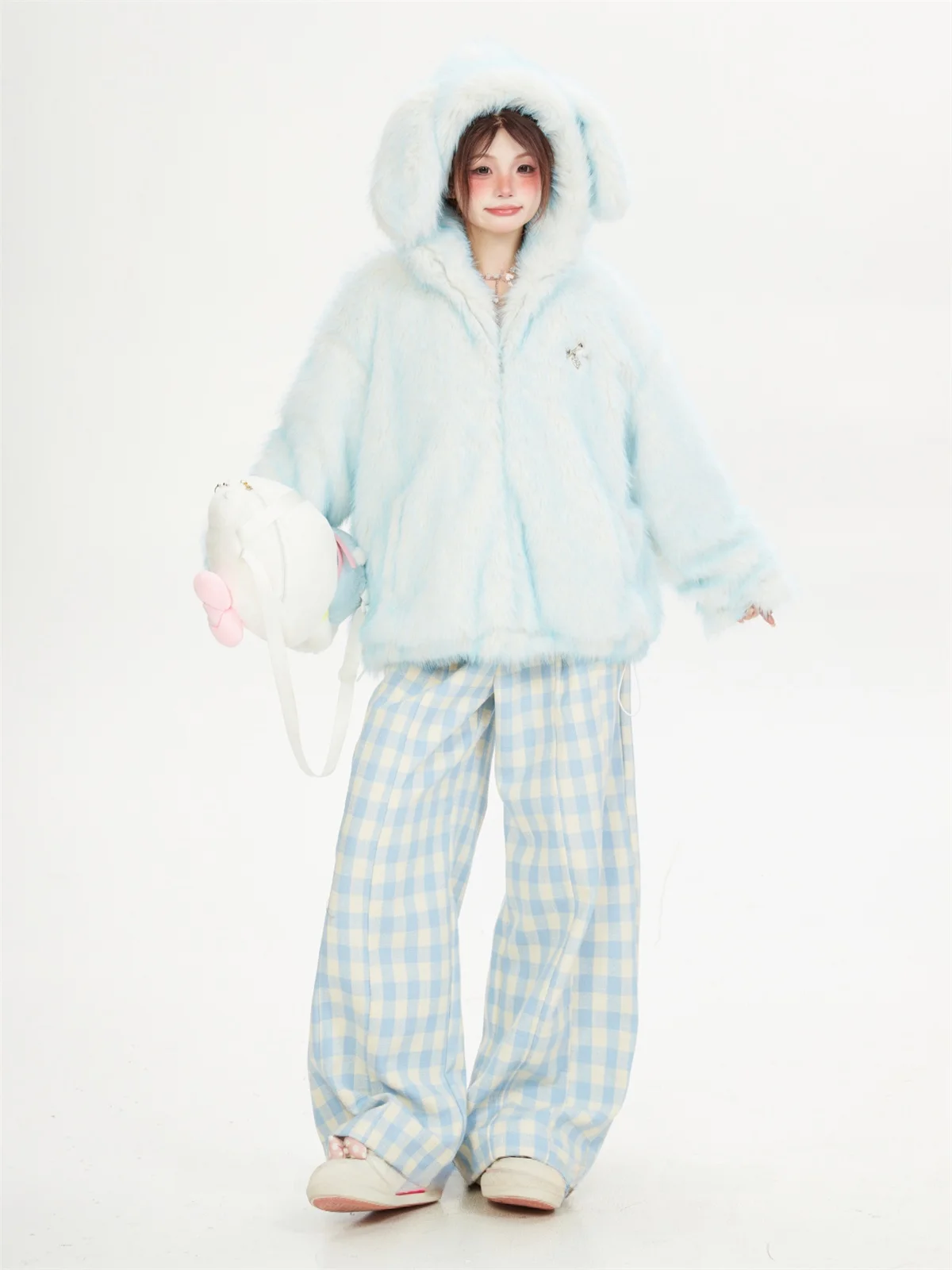 

Thiened adient Color Rabbit Ear Faux Fur Hooded Jaet Women's Winter Lamb Velvet Cotton Coat Environmentally Friendly Fur