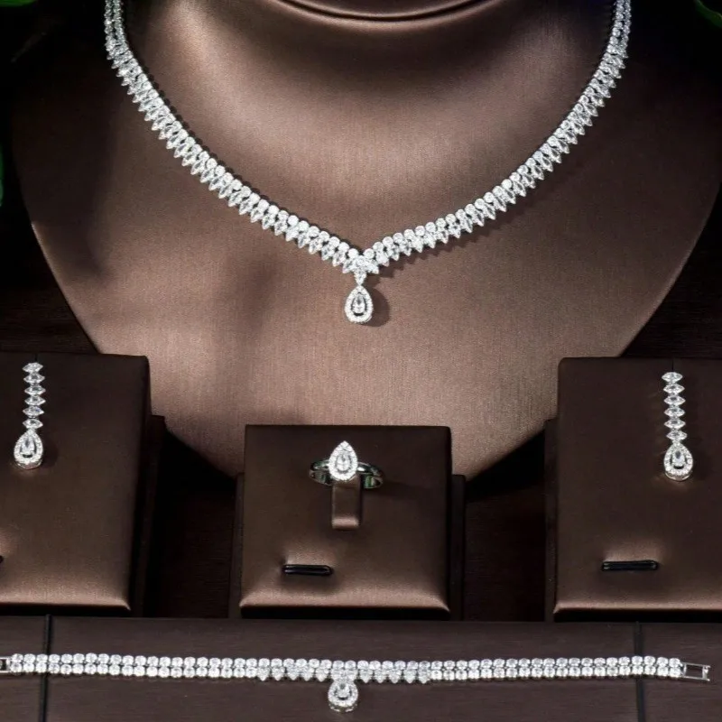 Simple CZ Ladies Jewelry Sets Water Drop Cubic Zirconia Bridal Earrings and Necklace Set for Women Wedding Bridal Necklace Set