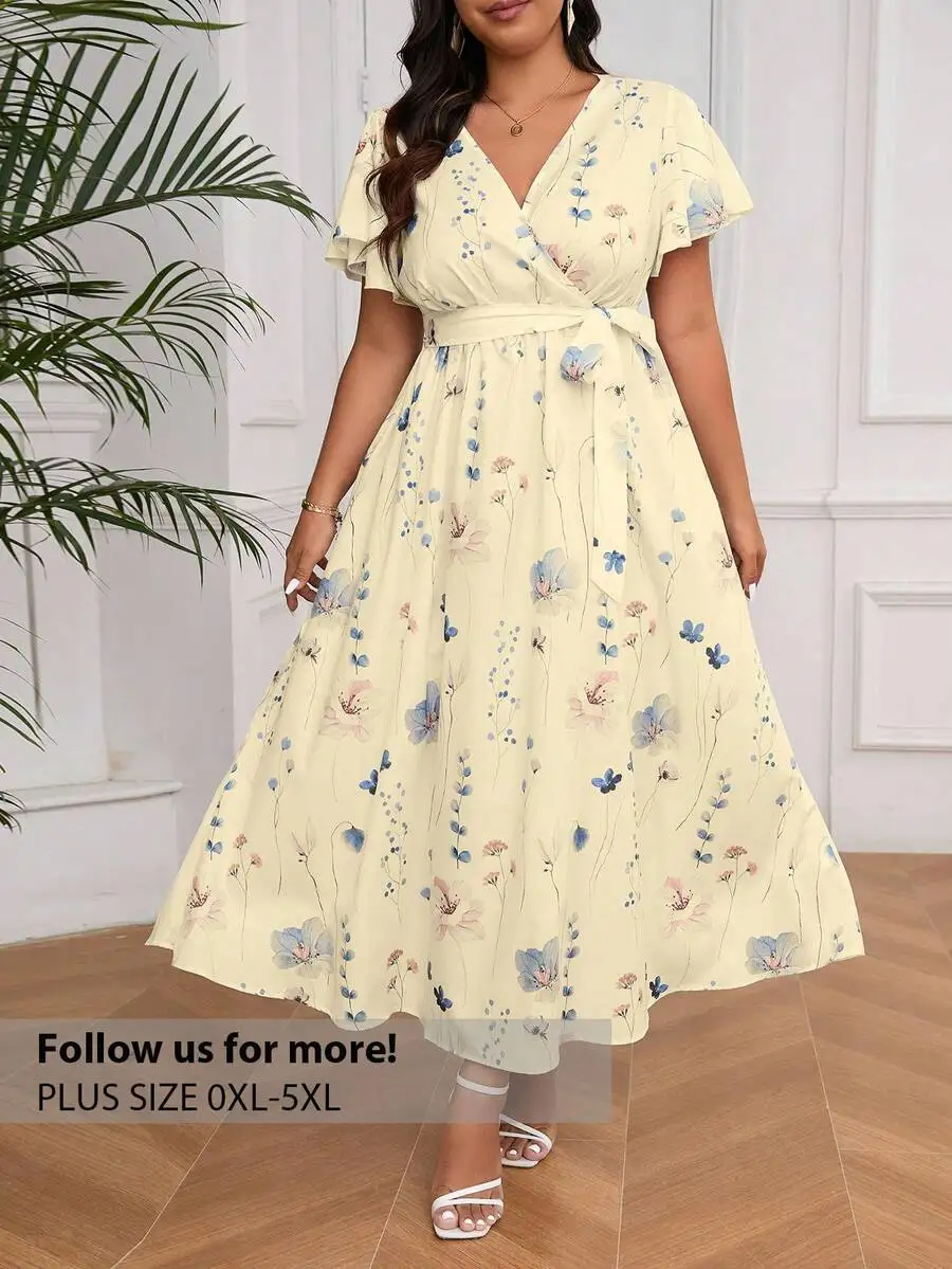 

Plus Size V-Neck Wrap Dress with Floral Print, Belted Waist, Asymmetrical Hem
