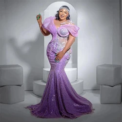 Sparkly Lilac African Evening Dresses Plus Size 3D Pleated Off the Shoulder Prom Dress Aso Ebi Style Wedding Reception Dress