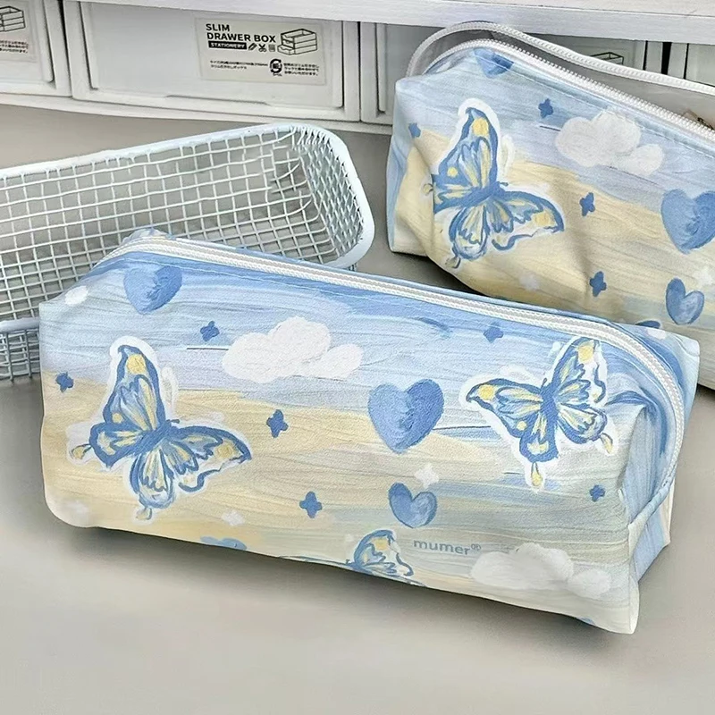 Sweet Cartoon Simple Blue Butterfly Pencil Case Cute Fashion Butterfly Pencil Pouch High Capacity Stationery Storage Bag Gifts