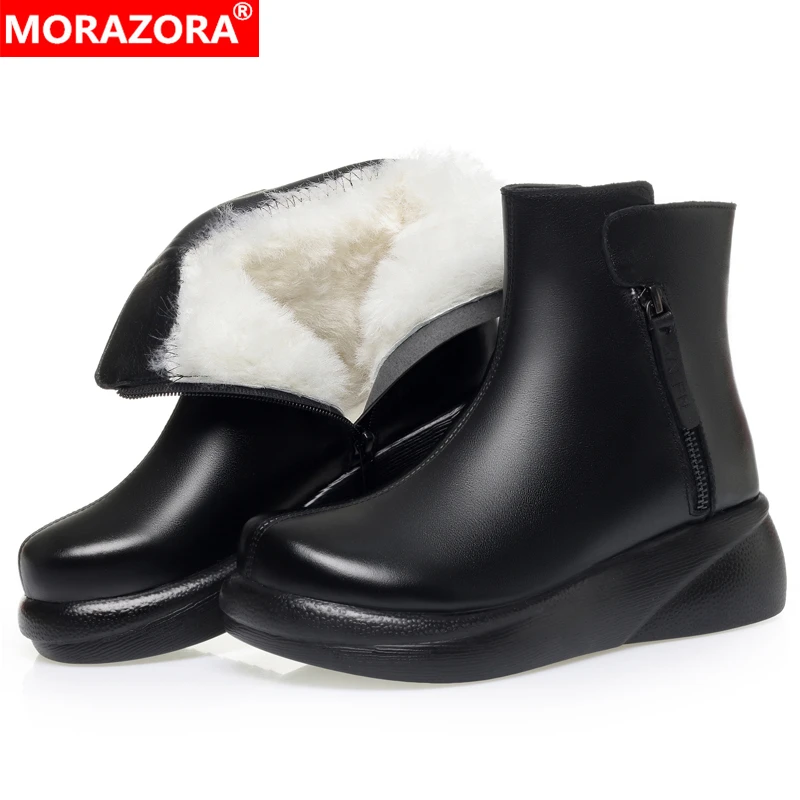 

MORAZORA Size 35-43 New Nature Genuine Leather Ankle Boots Women Wedges Heels Wool Warm Winter Boots Zipper Platform Snow Boots