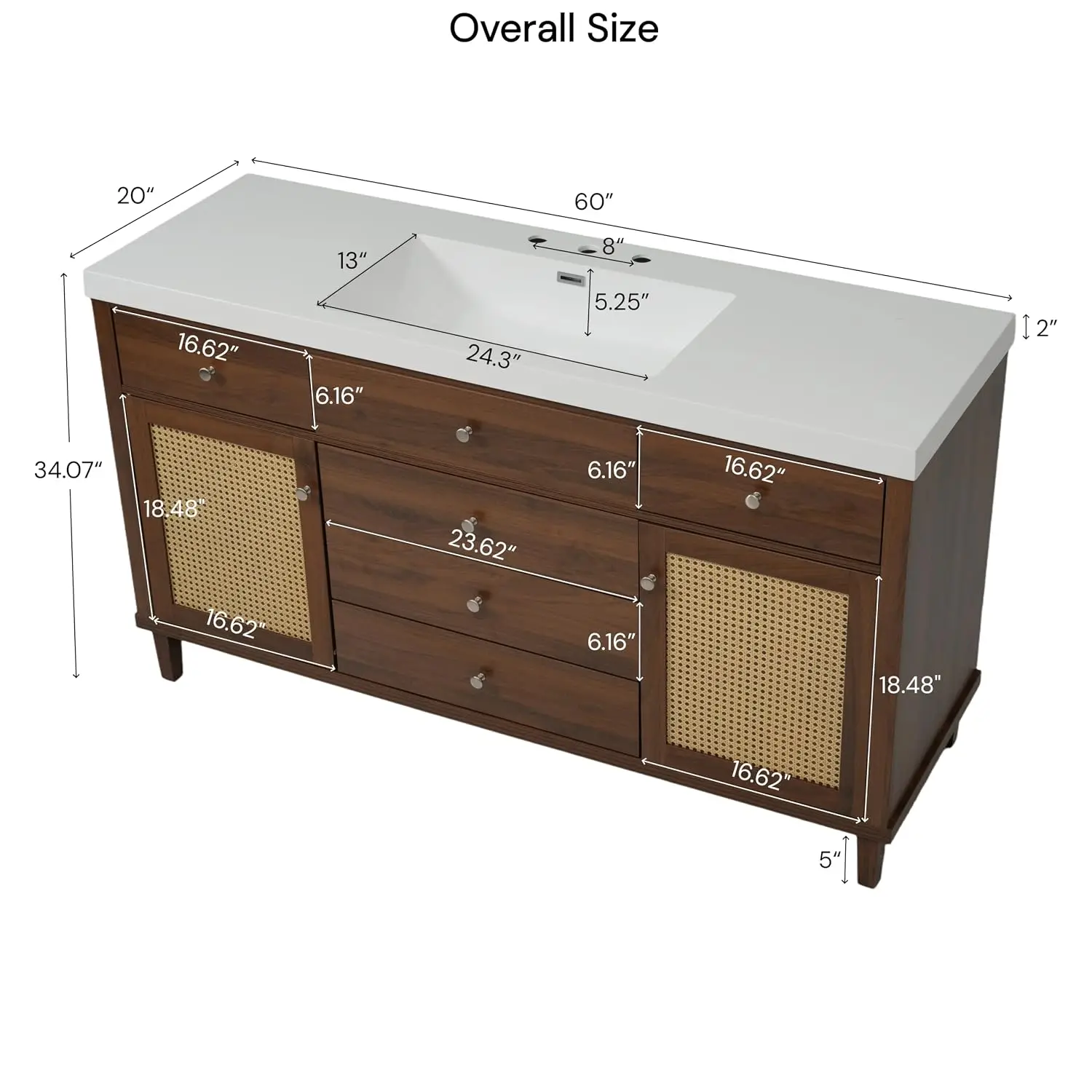 60 Inch Bathroom Vanity with Sink, Freestanding Wooden Bathroom Storage Cabinet with 5 Drawers & Soft-Closing, Customized