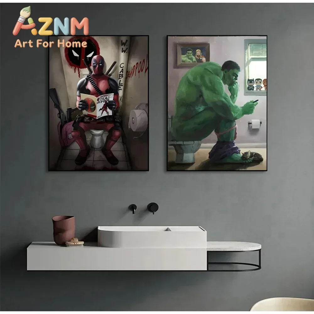 AZNM Funny Superhero Bathroom Canvas Wall Art Frameless Poster Hulk Iron Man Deadpool On Toilet Humor Comic Print Restroom Decor
