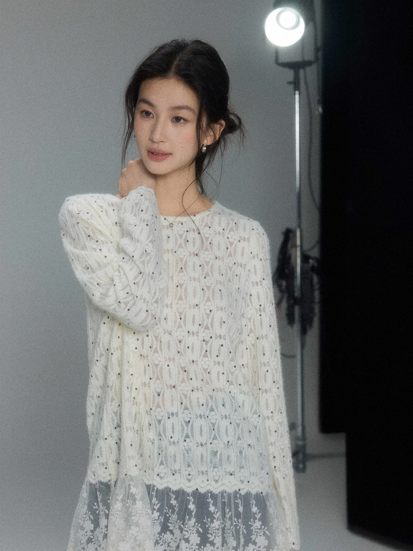 

Женский свободный повседневный многослойный топ с длинными рукавами и цветочным принтом в горошек, из полиэфирного волокна, в художественном стиле