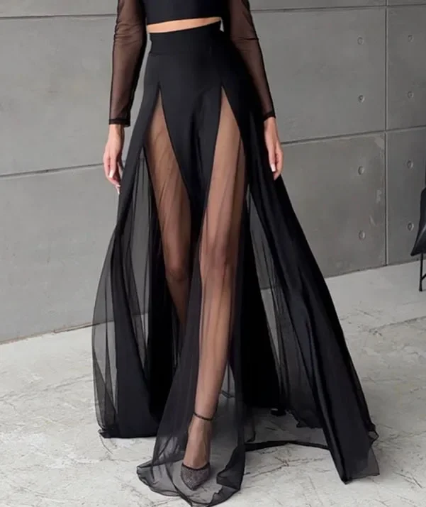 

2025 new women's black V-neck long-sleeved mesh elastic two-piece set, high-waisted split skirt, perspective elegance