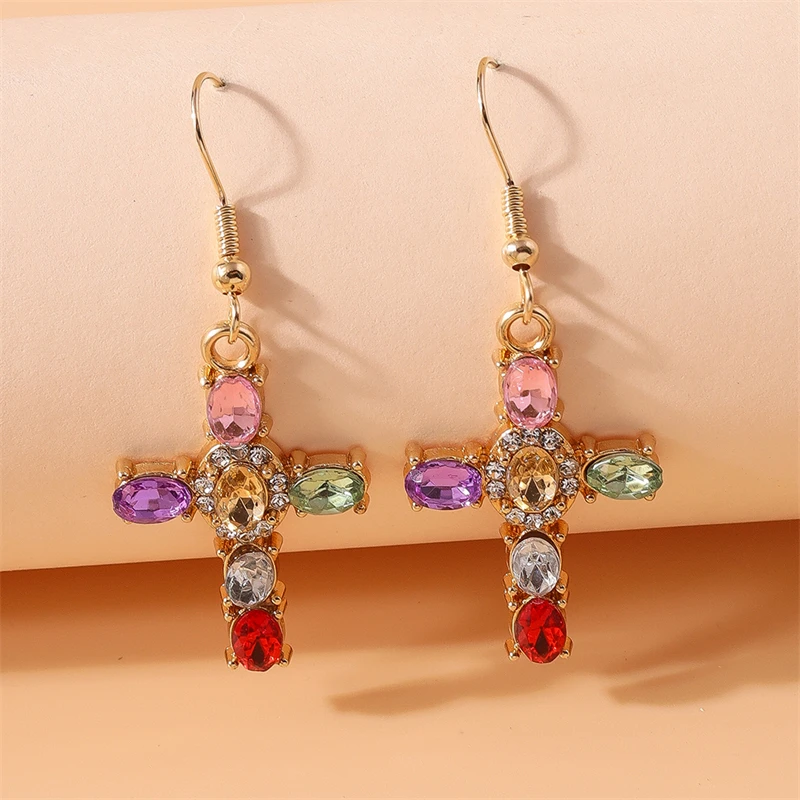 

Fashion Colorful Crystal Cross Drop Earrings for Women Girls Party Festival Jewelry Gifts