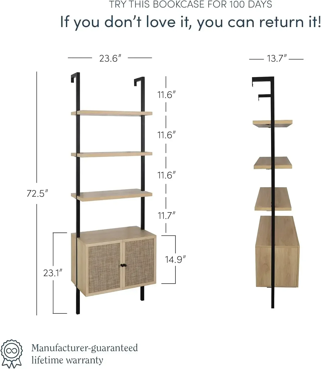 Theo Ladder 3 tier Open Bookshelf with Rattan Drawers and Matte Steel Frame, Light Oak/Black