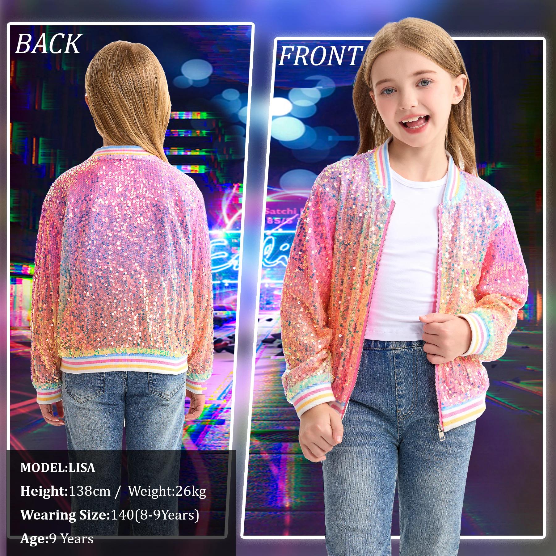 LOlanta Girls Sequin Bomber Jacket with Pockets Zipper Long Sleeve