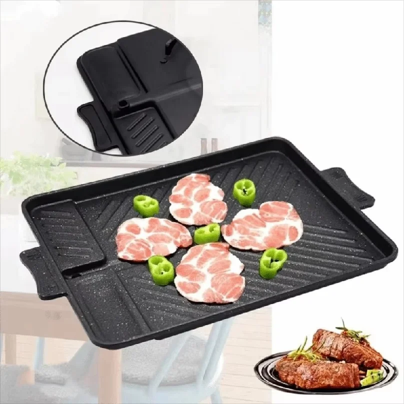 Aluminum Alloy Korean-style Barbecue Pan Rectangular with Oil Drain Port Grill Tray Non-stick Grill Meat Plate Outdoor