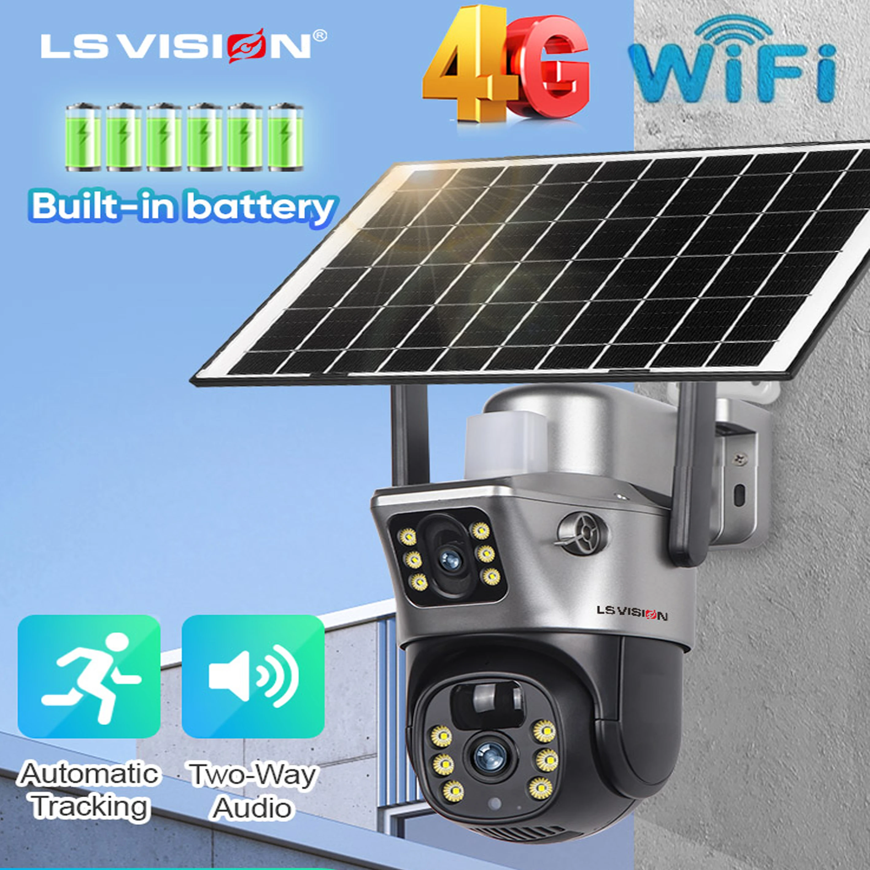 LS VISION 4K 8MP Wireless Solar Camera Dual Screen WiFi PTZ Camera Outdoor Built-in Battery Video Surveillance Camera V380PRO