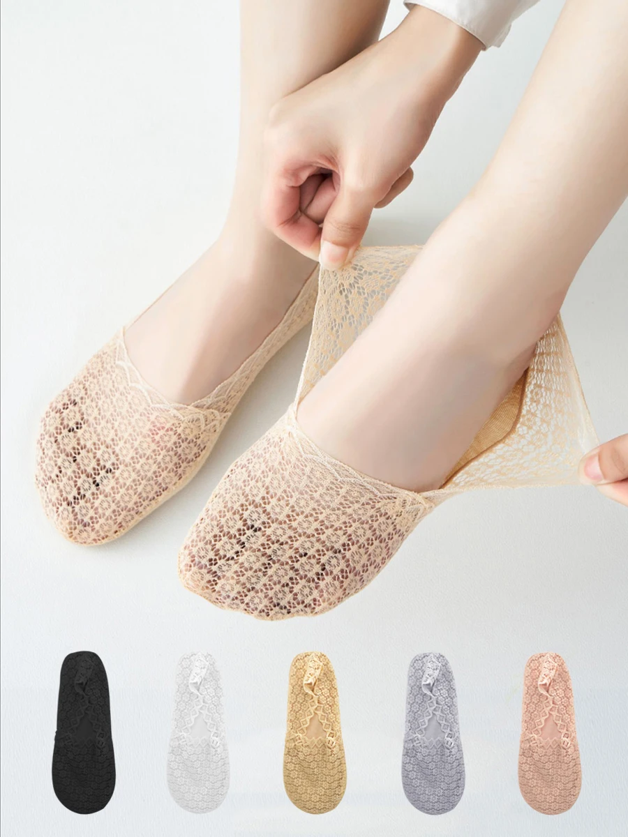 5 أزواج من الجوارب النسائية العصرية غير المرئية ذات الفم الضحل القابلة للتنفس بلون سادة وزهر البرقوق والدانتيل القصير