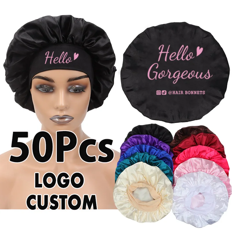 

Satin Bonnet 50Pcs Wholesale Hair Care Bonnet Logo Custom Overnight Sleeping Cap For Women Soft Silky Hair Bonnets Head Bonnet