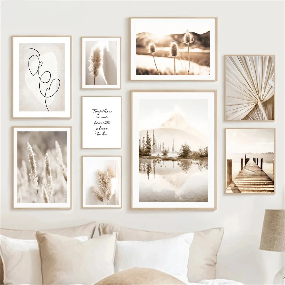 Beige Grass Flower Reed Poster Lake Beach Boat LandscapeMural Bohemian Oil PaintingWall Art Printing Living Room Home Decoration