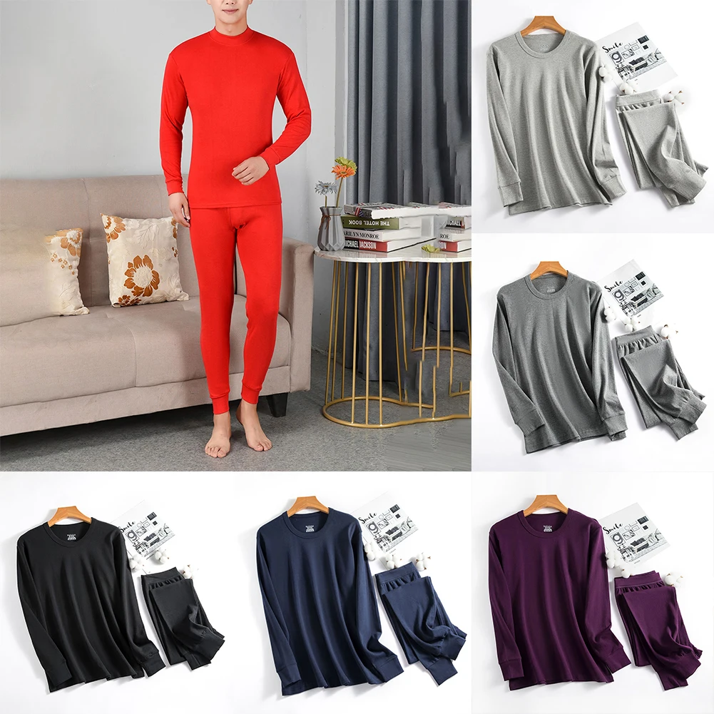 2Pcs Pajamas Set Men Winter O Neck Thermal Long Top Bottom Underwear Pajamas Suits Solid Causal Lingerie Comfortable Sleepwear